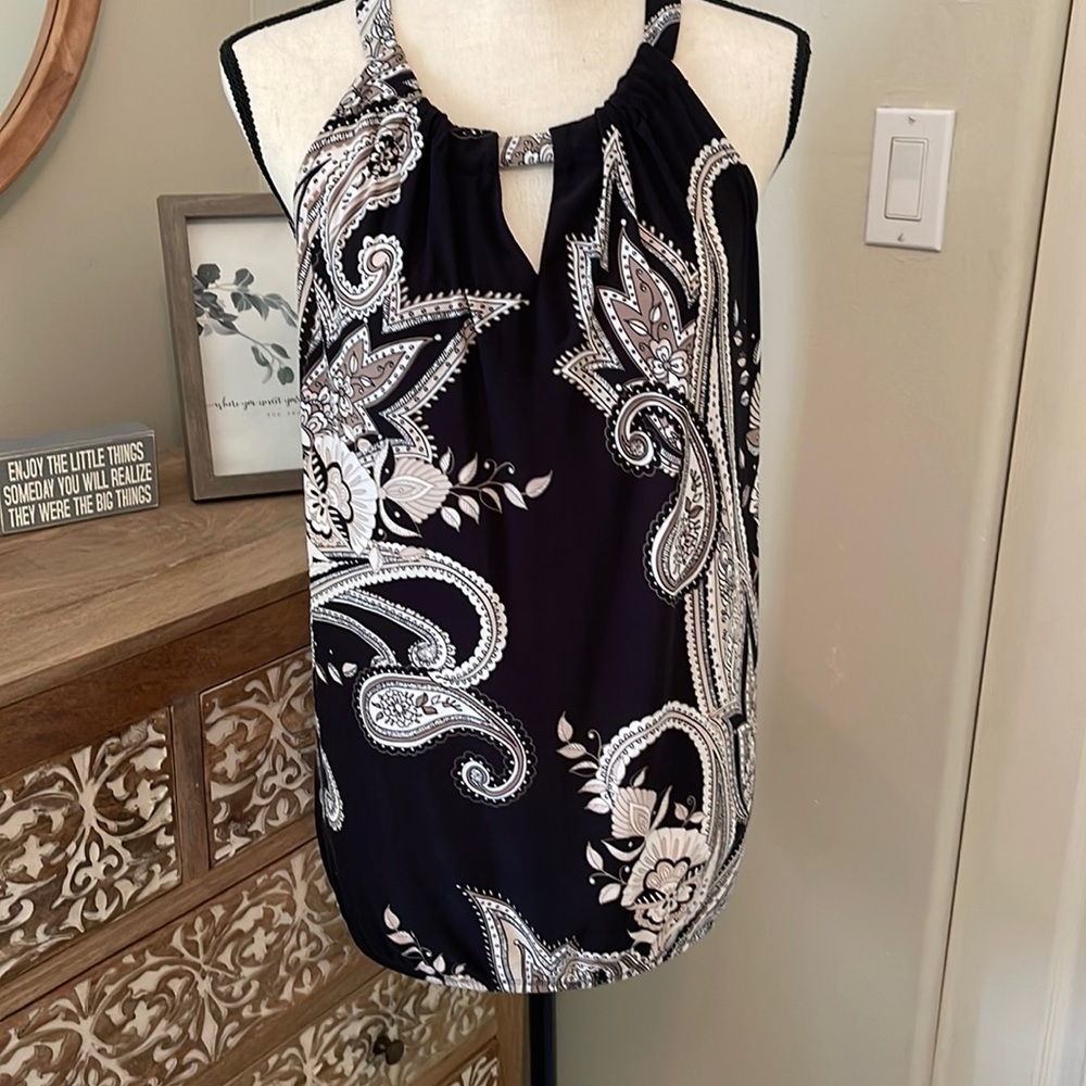 INC paisley tank top with triangle detail.